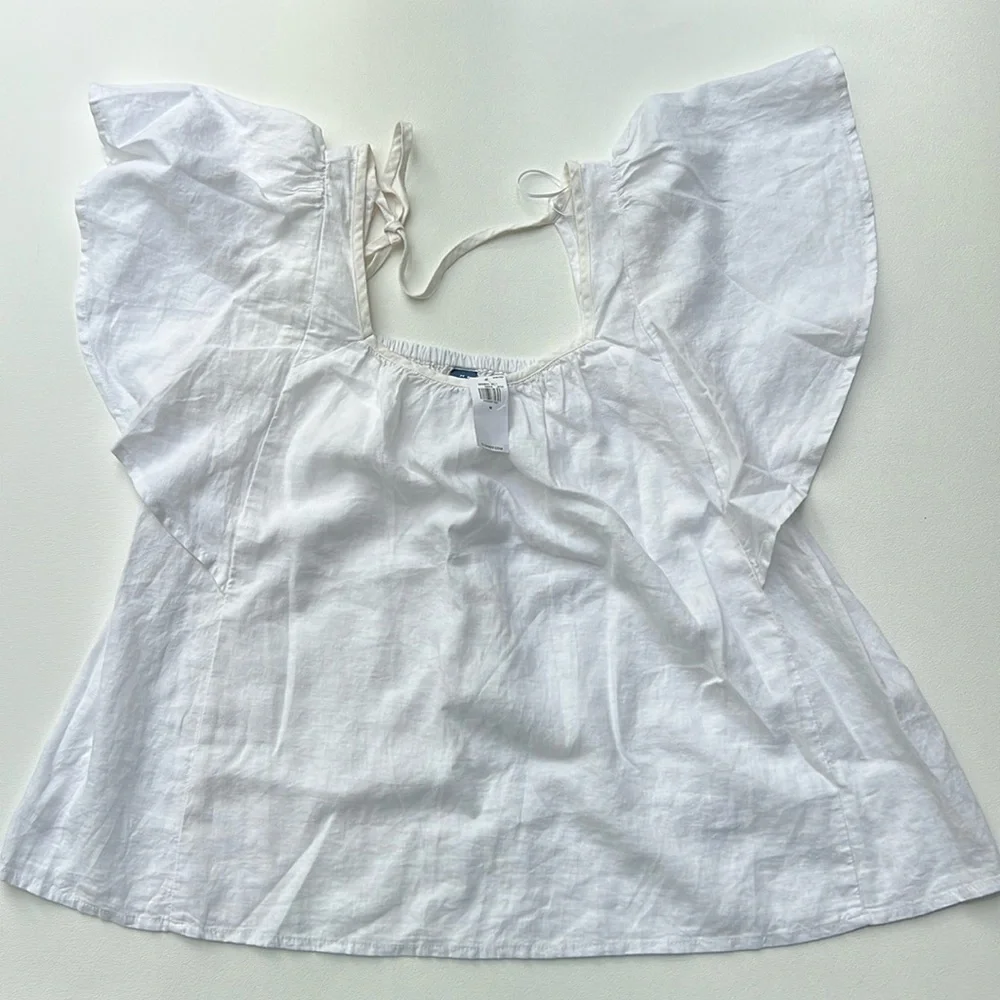 White w/ cream trim Old‎ Navy puff sleeve lightweight beach blouse linen blend M